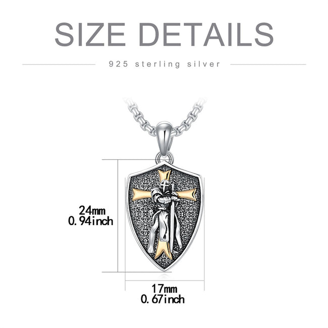 Sterling Silver Knights Templar Necklace Cross Shield Necklace with Stainless Steel Chain Men's Necklace