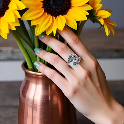 Sterling Silver Turquoise Hummingbird Butterfly Sunflower Adjustable Spoon Ring