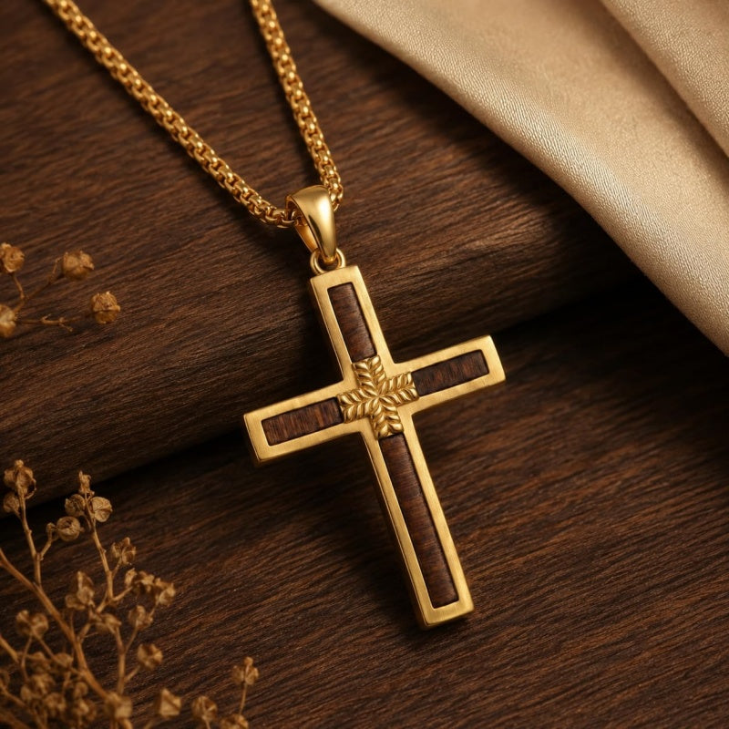 14K Gold Plated Wooden Cross Pendant Necklace Christian Catholic Jewelry Religious Gift