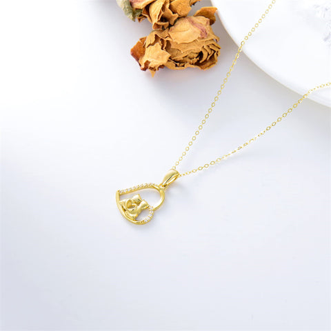 14K Solid Gold Cat Necklace for Women Cat Lover Gift Eternal Love Heart Necklace for Wife Girlfriend Mom