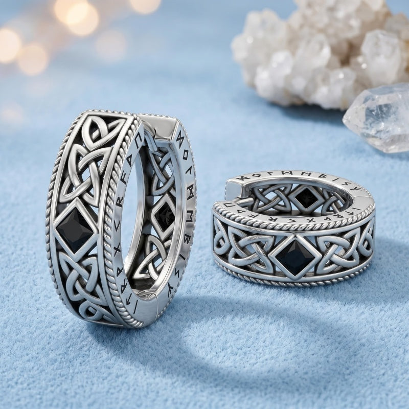 14K Gold Plated  Cubic Zircon Norse Viking Runes Hoop Earrings Viking Jewelry Gift for Men