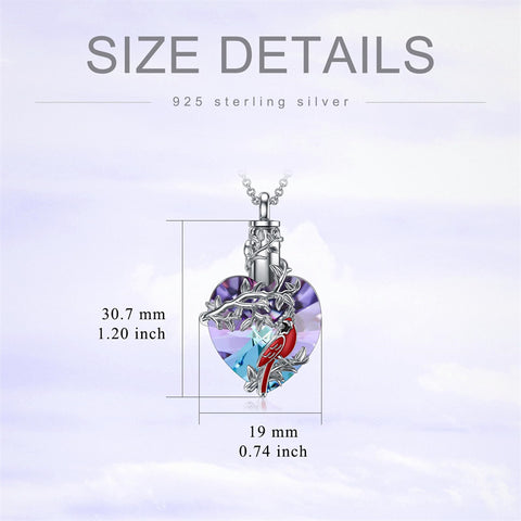 Sterling Silver Heart Crystal Red Cardinal Urn Necklace for Ashes