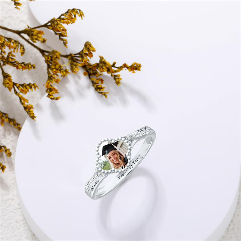 Sterling Silver Customized Engraved Photo Class Ring for Her