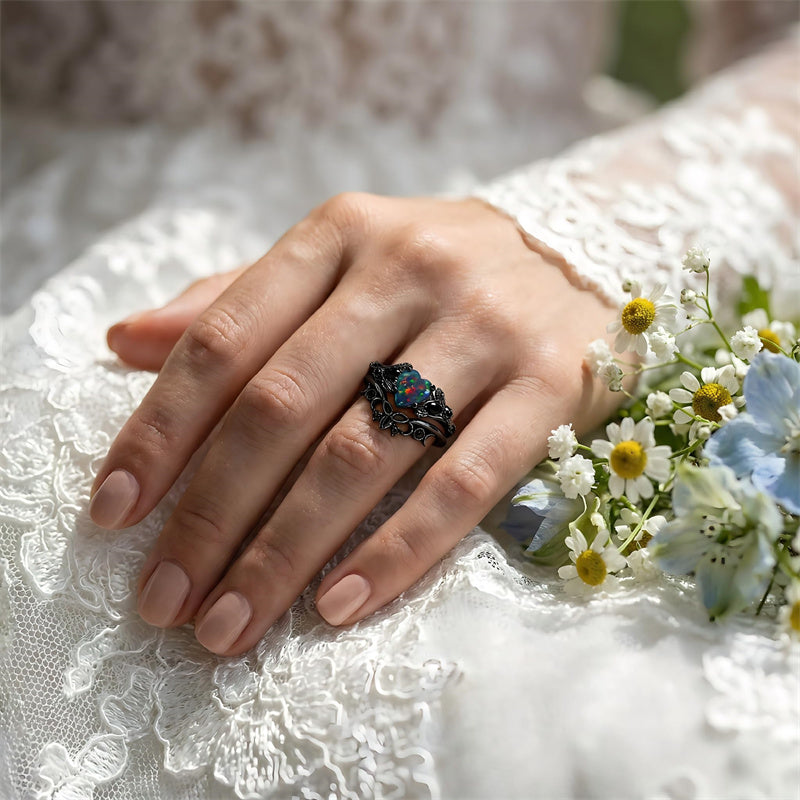 Sterling Silver 10K  14K  18K  Gold Personalized Engraved Black Opal Engagement Wedding Promise Ring for Her