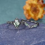Sterling Silver 10K 14K 18K Gold Vintage Nature Moss Agate Engagement Ring Sets for Women