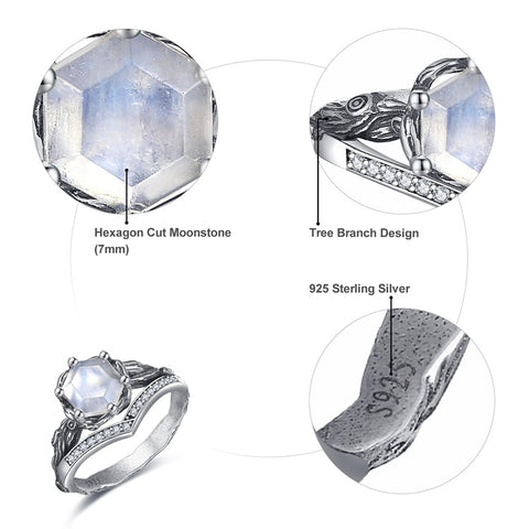 Sterling Silver Moss Agate Moonstone Branch Engagement Wedding Promise Ring  for Her