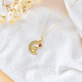 14K Gold Garnet Moissanite Elephant Moon Pendant Necklace