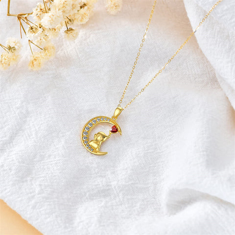 14K Gold Garnet Moissanite Elephant Moon Pendant Necklace