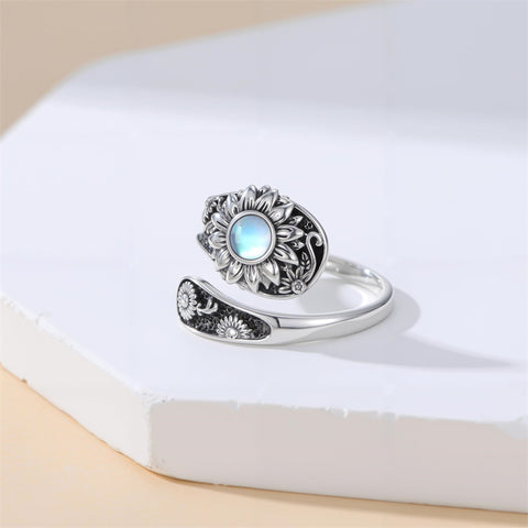 Sterling SilverJesus Cross Bee Cross  Dragonfly Cross Moonstone Sunflower Tree of Life Sunflower Adjustable Spoon Ring