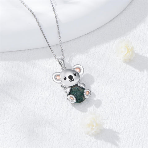 Sterling Silver Moss Agate Hippo Koala Elephant Teddy Bear Pendant Necklace
