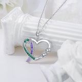 Sterling Silver Teal and Purple Ribbon Ribbon Pendant Necklace Awareness Jewelry Inspirational Gifts for Women