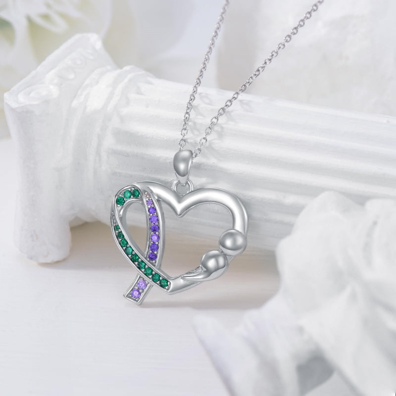 Sterling Silver Teal and Purple Ribbon Ribbon Pendant Necklace Awareness Jewelry Inspirational Gifts for Women