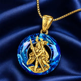 14K Gold Plated Blue Crystal Saint Protection Pendant Necklace Amulet Baptism Gift