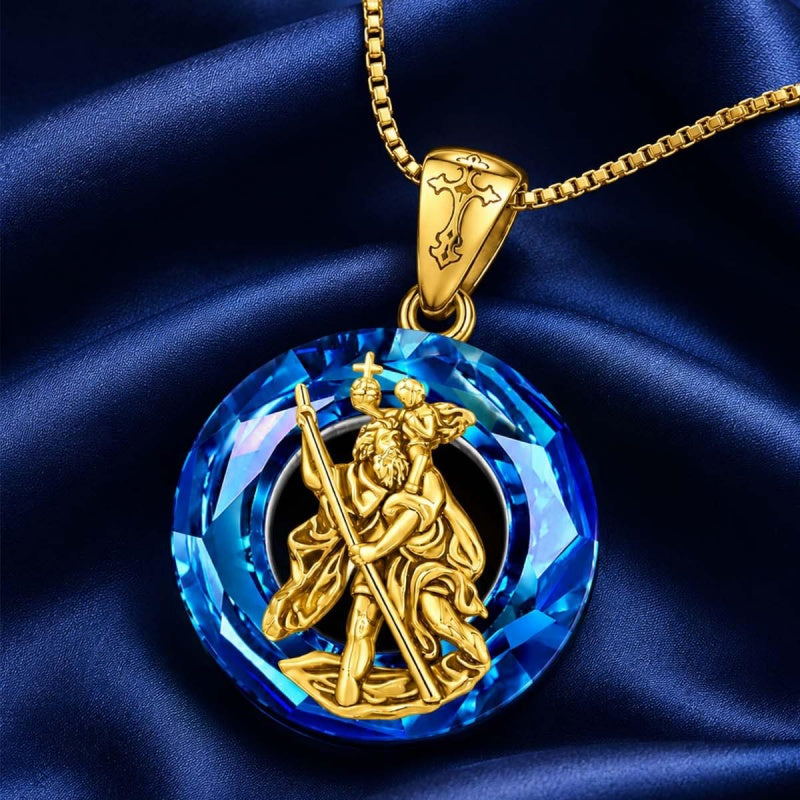 14K Gold Plated Blue Crystal Saint Protection Pendant Necklace Amulet Baptism Gift