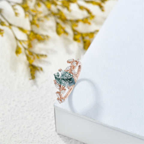Sterling Silver 10K 14K 18K 2CT Natural Moss Agate Leaf Engagement Wedding Promise Rings Set