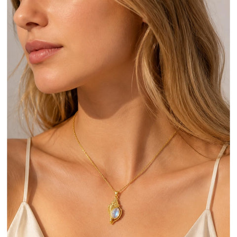 14K Gold Plated Moonstone Octopus Sea Turtle Conch Shell Starfish Seashell Ocean Necklace for Women