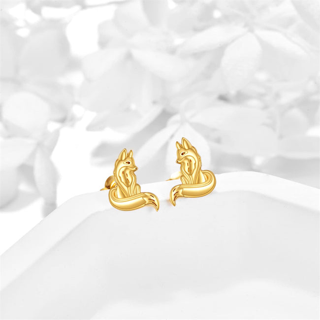 14K Gold Fox Earrings Yellow Gold Kitsune Stud Earrings Fine Gold Cute Animal Fox Studs Jewelry Gifts for Girls Mom Daughter Women