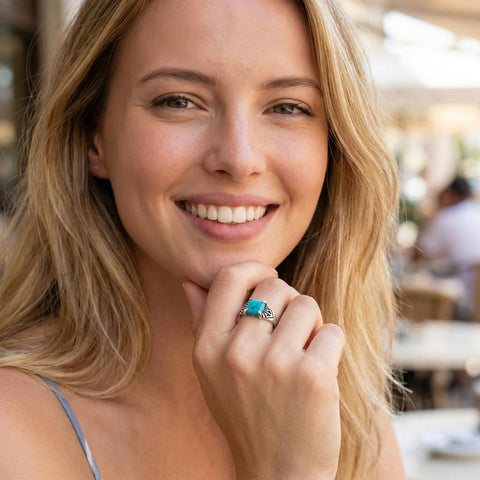 14K Gold Plated Turquoise Ring Western Jewelry Anniversary Birthday Gift for Women