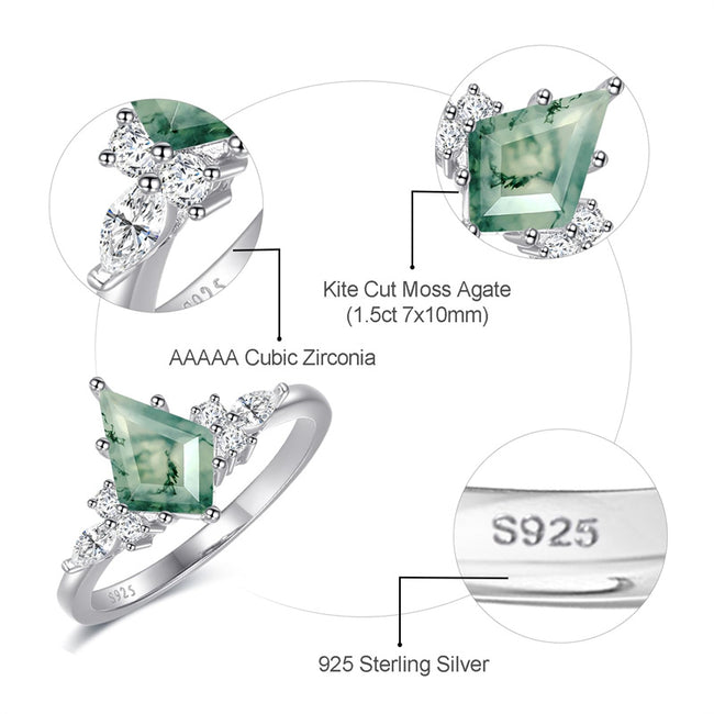 Moss Agate Rings for Women Kite Cut Engagement Rings 925 Sterling Silver Ring for Women