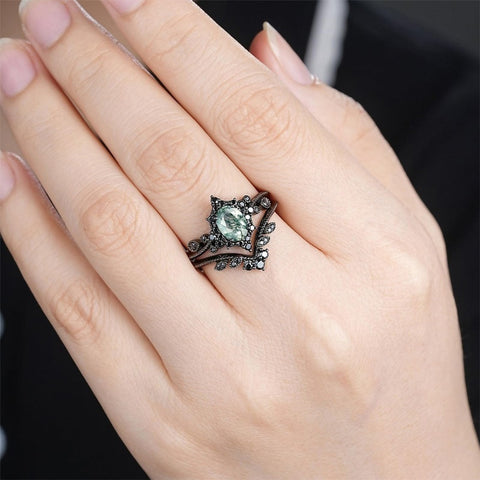 Sterling Silver 2CT Moss Agate  Engagement Wedding Ring Sets for Women