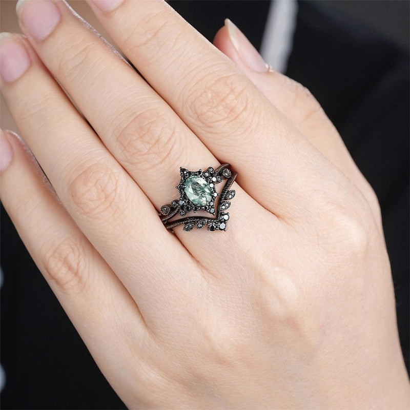 Sterling Silver 2CT Moss Agate  Engagement Wedding Ring Sets for Women
