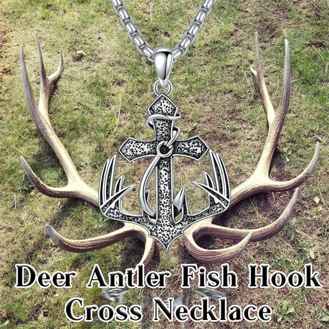 Sterling Silver Cross Deer Antler Fish Hook Pendant Necklace for Men