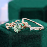 Sterling Silver 10K 14K 18K Gold Vintage Nature Moss Agate Engagement Ring Sets for Women
