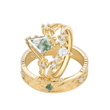 Sterling Silver10K 14K 18K Gold Natural Moss Agate Branch Leafy Engagement Ring Set For Couples