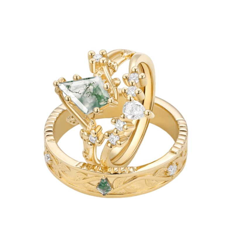 Sterling Silver10K 14K 18K Gold Natural Moss Agate Branch Leafy Engagement Ring Set For Couples
