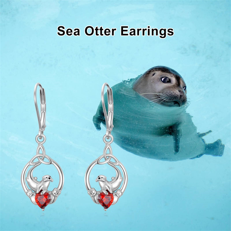 Sterling Silver Heart-Shaped Cubic Zircon Otter Cow Raccoon Leverback Earrings
