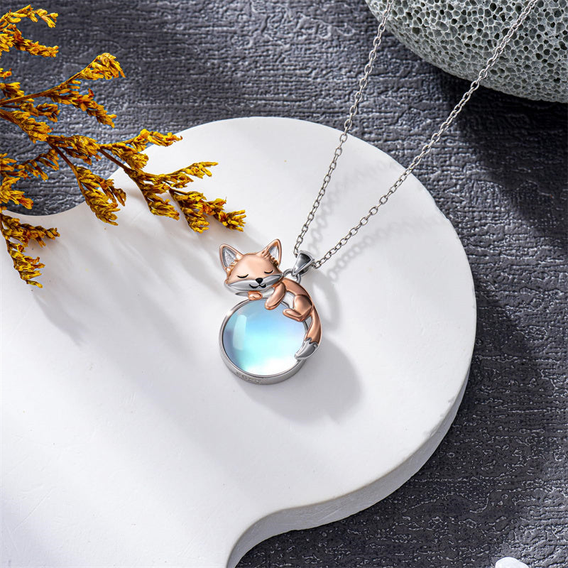 Sterling Silver Moonstone Fox Dolphin Axolotl Teddy Bear Hippo Raccoon Pendant Necklace for Women