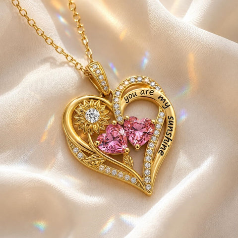 Double Birthstone Necklace 14K Gold Plated You Are My Sunshine Sunflower Necklace Heart Pendant Necklace