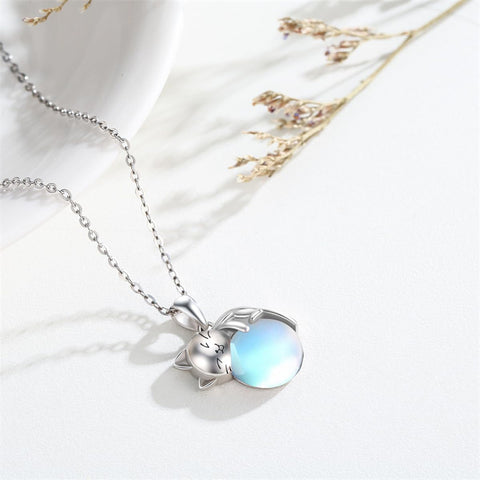 Sterling Silver Moonstone Pearl Rose Quartz Crystal Cat Pendant Necklace