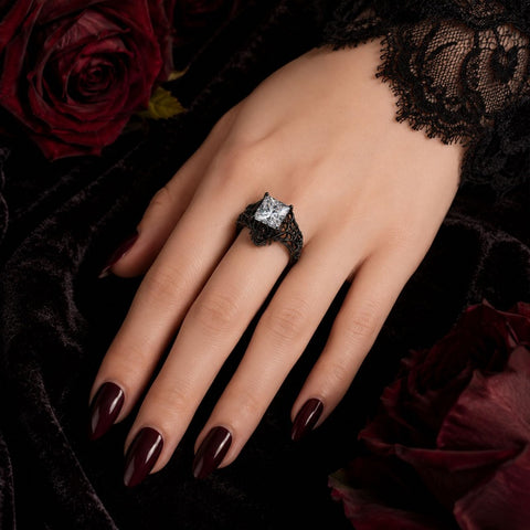 Sterling Silver 10K 14K 18K Gold Moissanite Gothic Black  Engagement Wedding Ring  for Women Halloween Gift