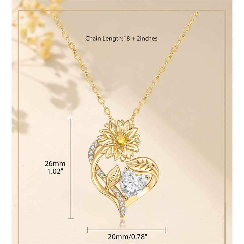 Sterling Sliver Birthstone Love Heart & Sunflower Pendant Necklace Engraved With You Are My Sunshine