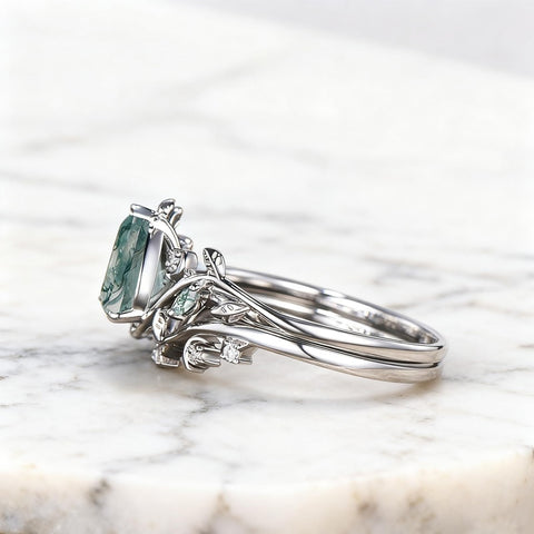 Sterling Silver 2CT Moss Agate  Engagement Wedding Ring Sets for Women