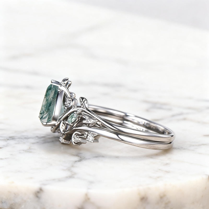 Sterling Silver 2CT Moss Agate  Engagement Wedding Ring Sets for Women