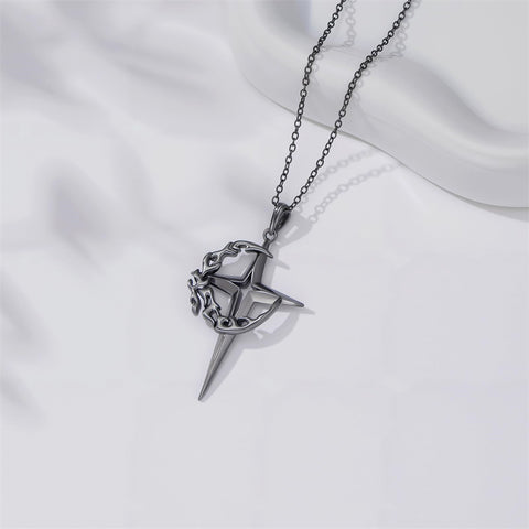Sterling Silver Gothic Black Moon and Star Pendant Necklace