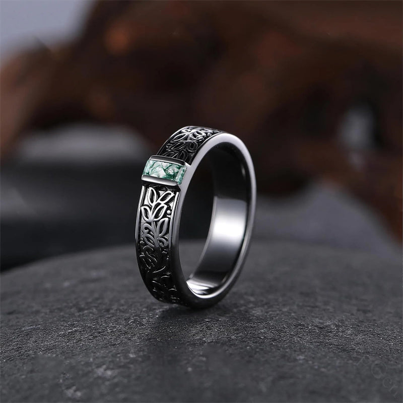 Sterling Silver 10K 14K 18K Gold Natural Leaf  Moss Agate Engagement Anniversary Couple Ring Sets