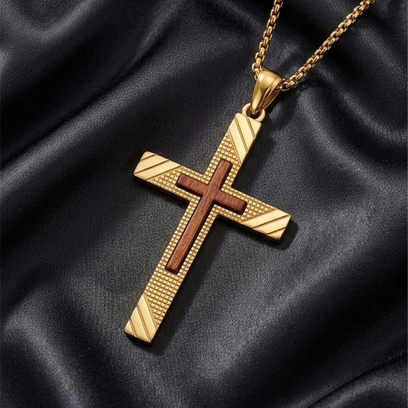 14K Gold Plated Wooden Cross Pendant Necklace Christian Catholic Jewelry Religious Gift