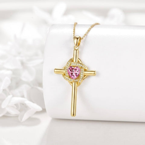10K 14K 18K Gold Birthstone Cross Pendant Necklace Christian Jewelry