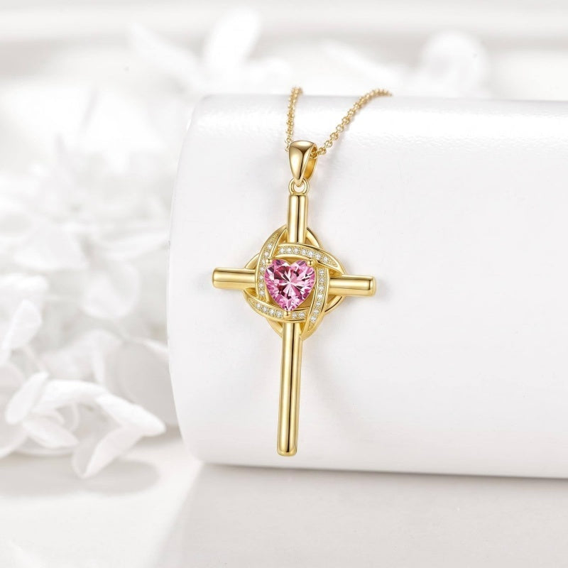 10K 14K 18K Gold Birthstone Cross Pendant Necklace Christian Jewelry