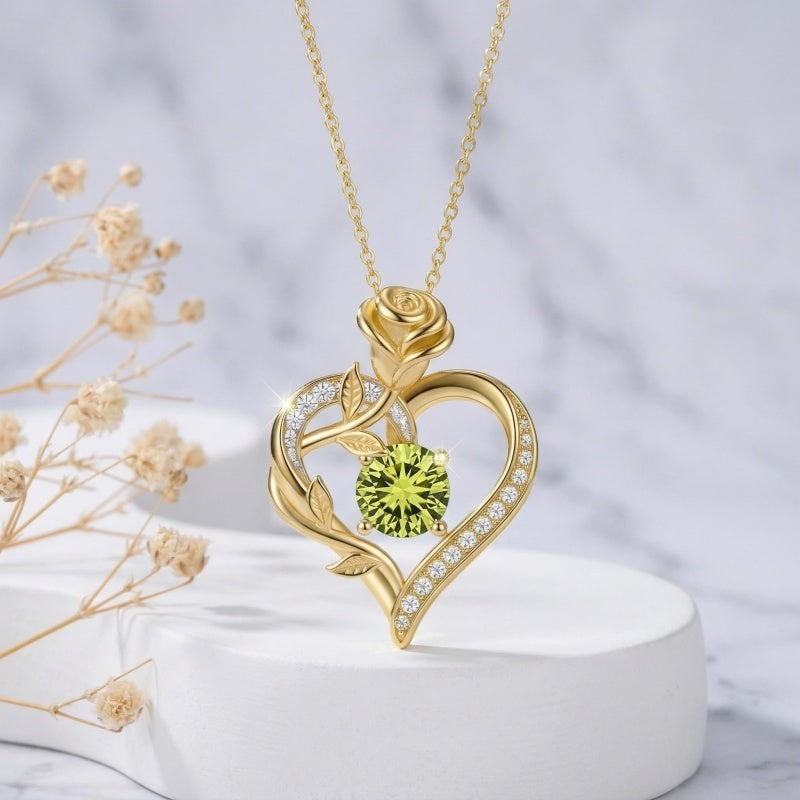 14K Gold Plated 12 Months Birthstone Rose Flower Pendant Necklace Anniversary Birthday Gift