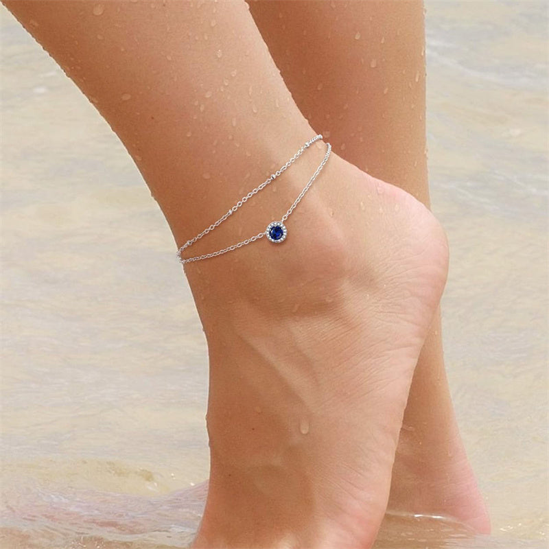 Sterling Silver Birthstone Double Layer Anklet for Beach Weddings, Summer Vacations & Pool Parties