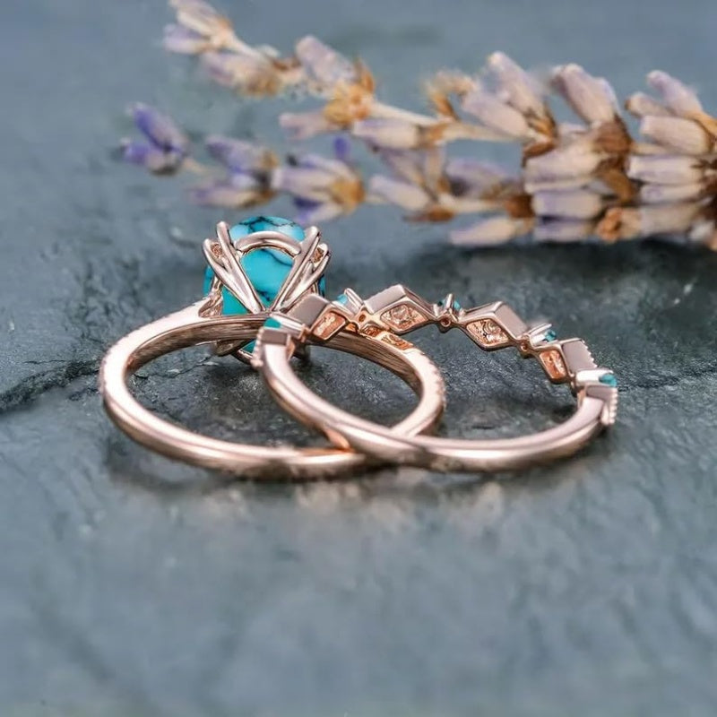 Sterling Silver 10K 14K 18K Gold Turquoise Engagement  Wedding Ring Set for Women