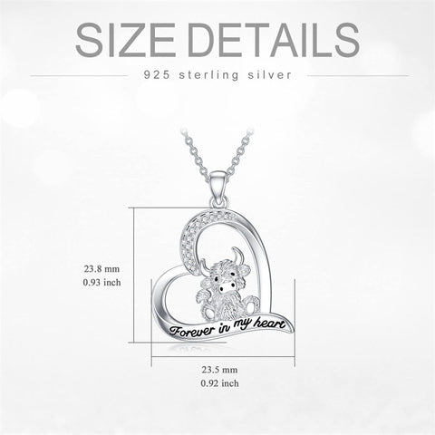 Sterling Silver Heart Highland Cow Pendant Necklace