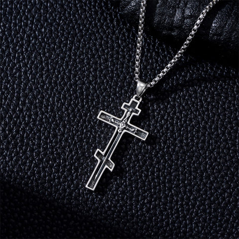 Sterling Silver Wooden Lion Orthodox Sword Wolf Cross Pendant Necklace