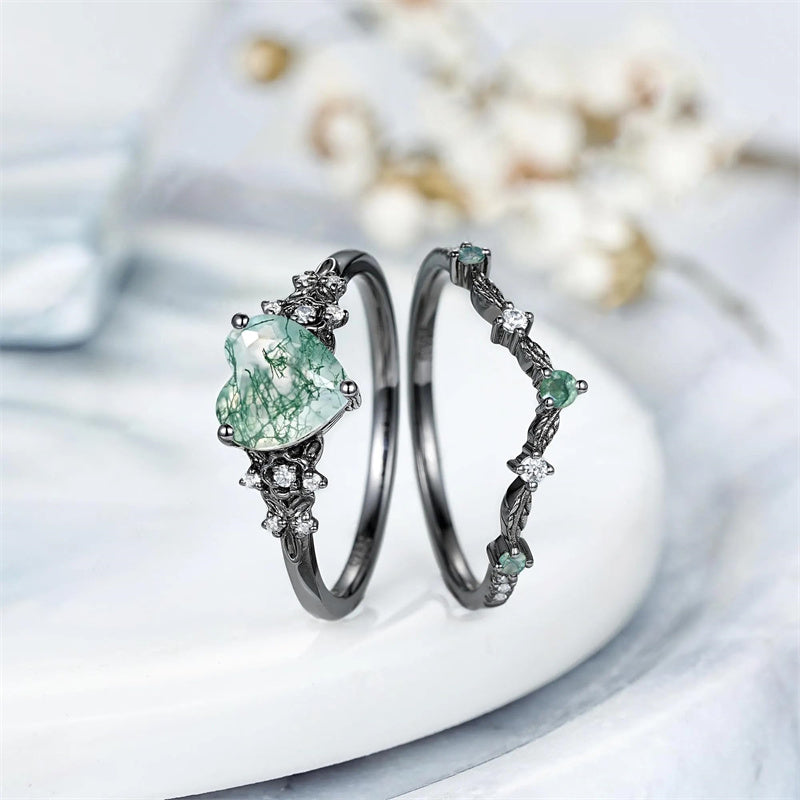 Sterling Silver 10K 14K 18K Gold Vintage Nature Moss Agate Engagement Ring Sets for Women