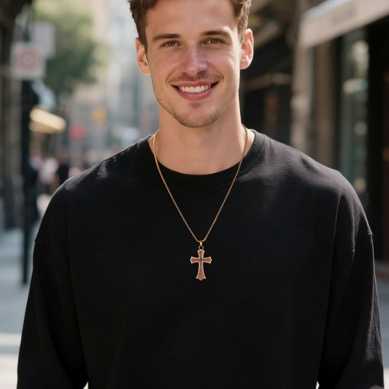 14K Gold Plated Wooden Abalone Shell Cross Pendant Necklacefor Men