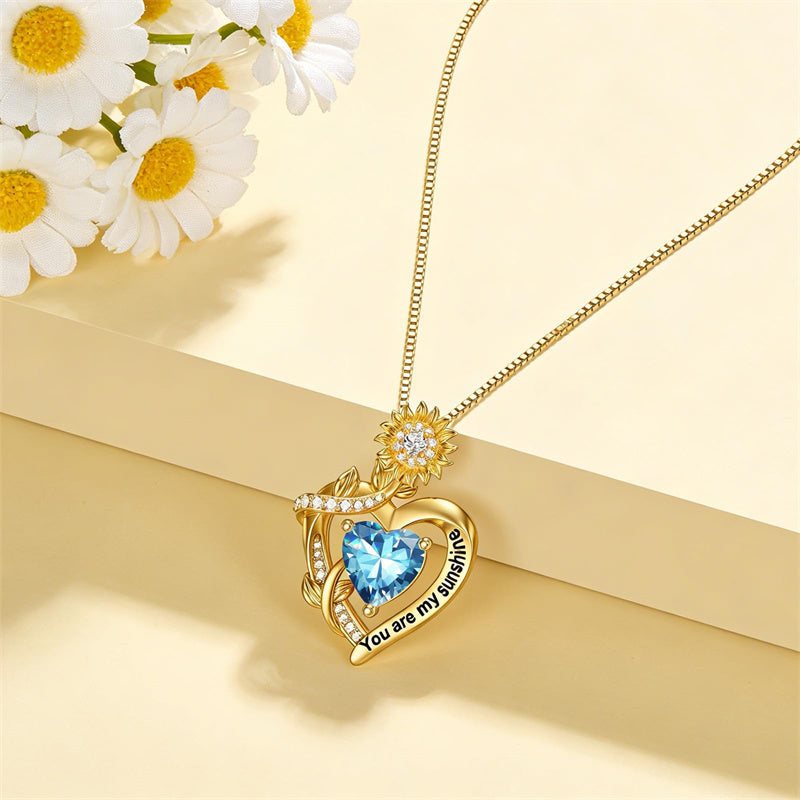 10K 14K 18K Gold  12 Months Birthstones Sunflower Pendant Necklace Engraved with You are My Sunshine